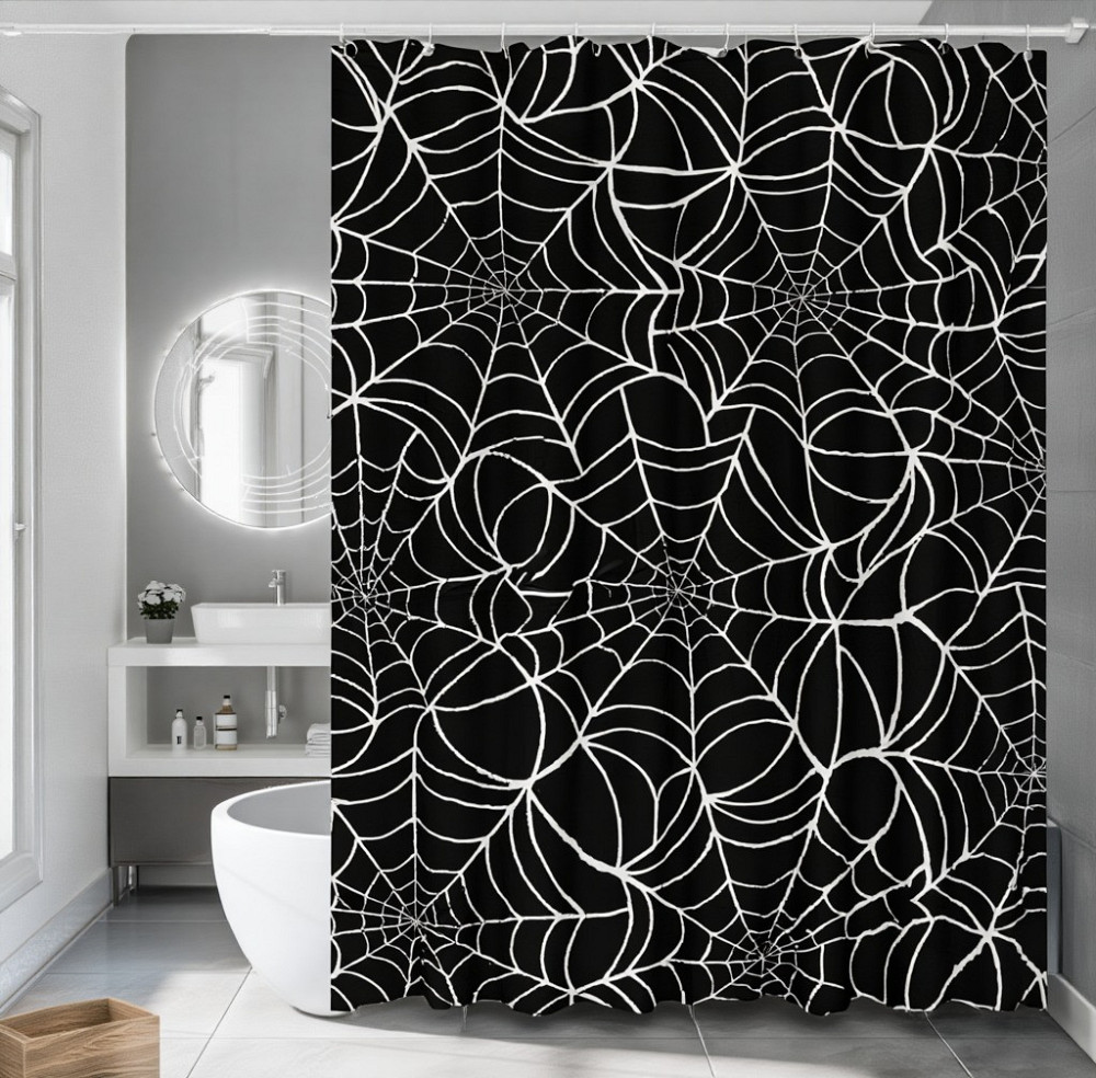 Шторка для ванной и душа с кольцами 180x180 см водостойкая, шторка для ванной комнаты с крючками,черная с принтом паутины Каменец-Подольский - изображение 1