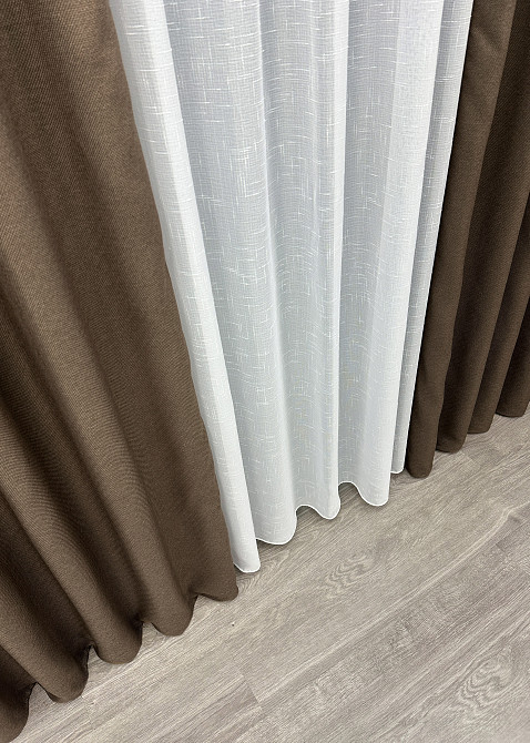 Комплект штор VR-Textil Лен Мешковина 100х270 2шт и Тюль 300х270 277ш-115т Коричневый с белым 71-015/1 Киев - изображение 8