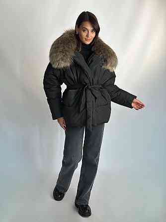Жіночий зимовий чорний пуховик Aria Raccoon з натуральним хутром єнота 54 Харків