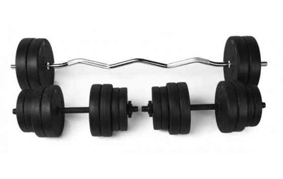 Штанга W-подібна 25 кг + 2 гантелі по 16 кг з покриттям Гантелі, гирі, штанги та диски ударостійкий пластик Київ
