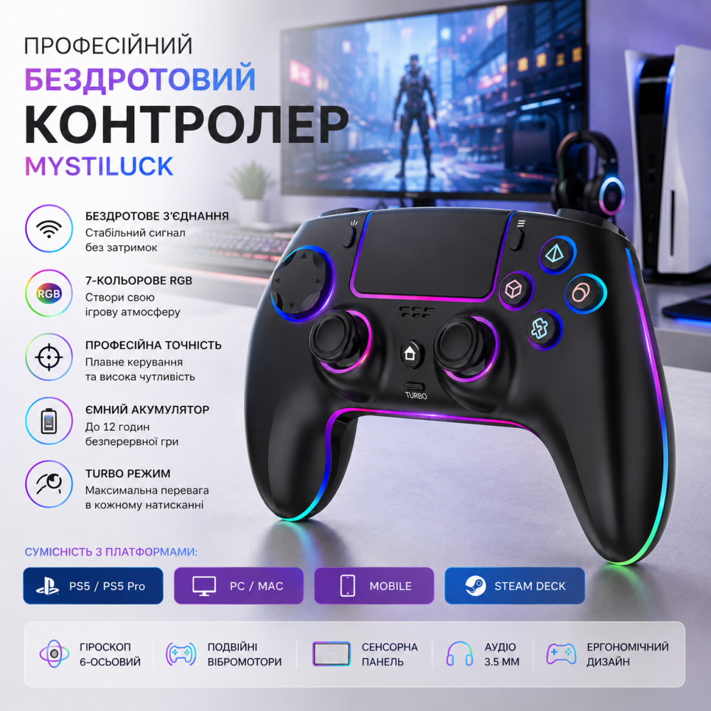 Бездротовий геймпад MYSTILUCK Hall Effect для PS5/PS5 Pro/PC/Mac/Steam Deck/iOS/Android | RGB, Turbo, 1500 мА·год Київ - фото 1