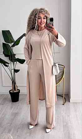 Женский базовый прогулочный костюм тройка: кардиган футболка и штаны трикотажный рубчик Кремовый, 46/48 Одесса