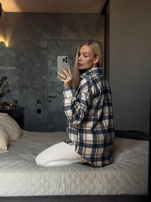 Женская базовая теплая клетчатая рубашка турецкий кашемир джинс-бежевый Одесса - изображение 5