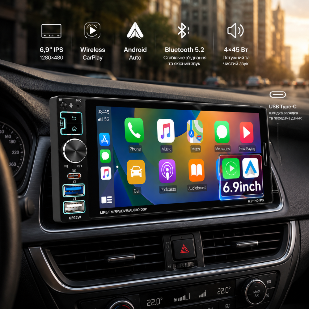Автомагнитола 1DIN 6,9