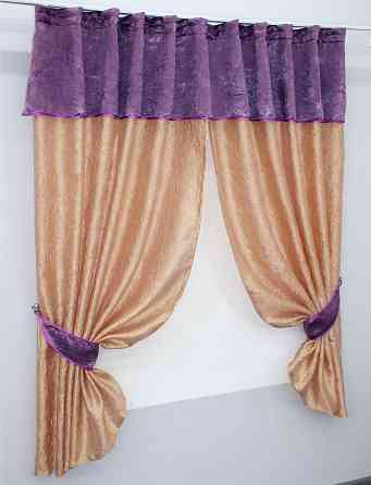 Кухонные шторы VR-Textil № 073к с ламбрекеном и подхватами персиковый с фиолетовым 265х170 см (52-0173) Киев