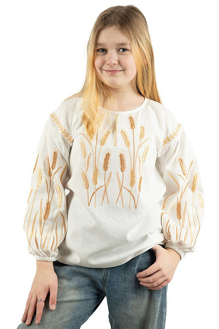 Вышиванка для девочек льняная с длинным рукавом,  молочная 134 Киев - изображение 1