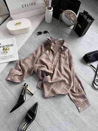 Женская трендовая оверсайз рубашка в клетку костюмный тиар Беж Одесса