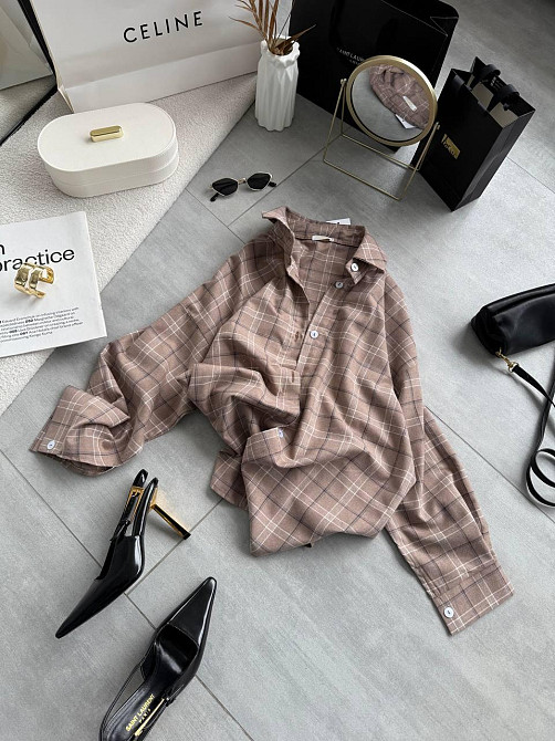 Женская трендовая оверсайз рубашка в клетку костюмный тиар Беж Одесса - изображение 4