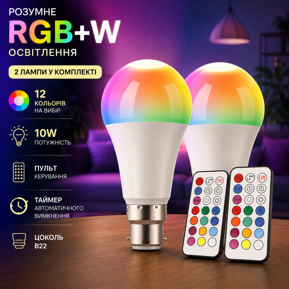 Світлодіодні лампи RGB+W Detake B22 A19: комплект з 2 шт., 10 Вт, 12 кольорів, пульт керування та функція таймера Київ - фото 14