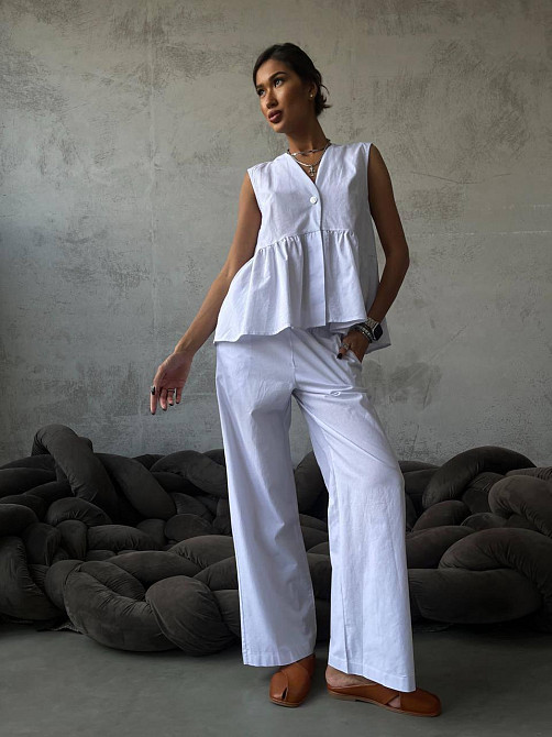 Женский стильный повседневный костюм из натуральной ткани-коттона. Белый, 46/48 Одесса - изображение 1