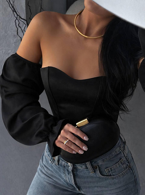 Жіночий романтичний укорочений корсет із рукавами атлас Scarlet Чорний, S/M Одеса - фото 3