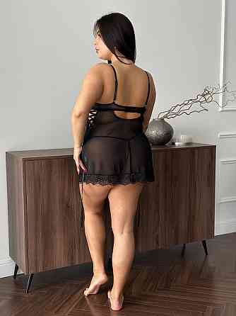 Эротический пеньюар больших размеров plus size из сетки прозрачный с кружевом короткий с косточками с трусиками черный 3XL Одесса