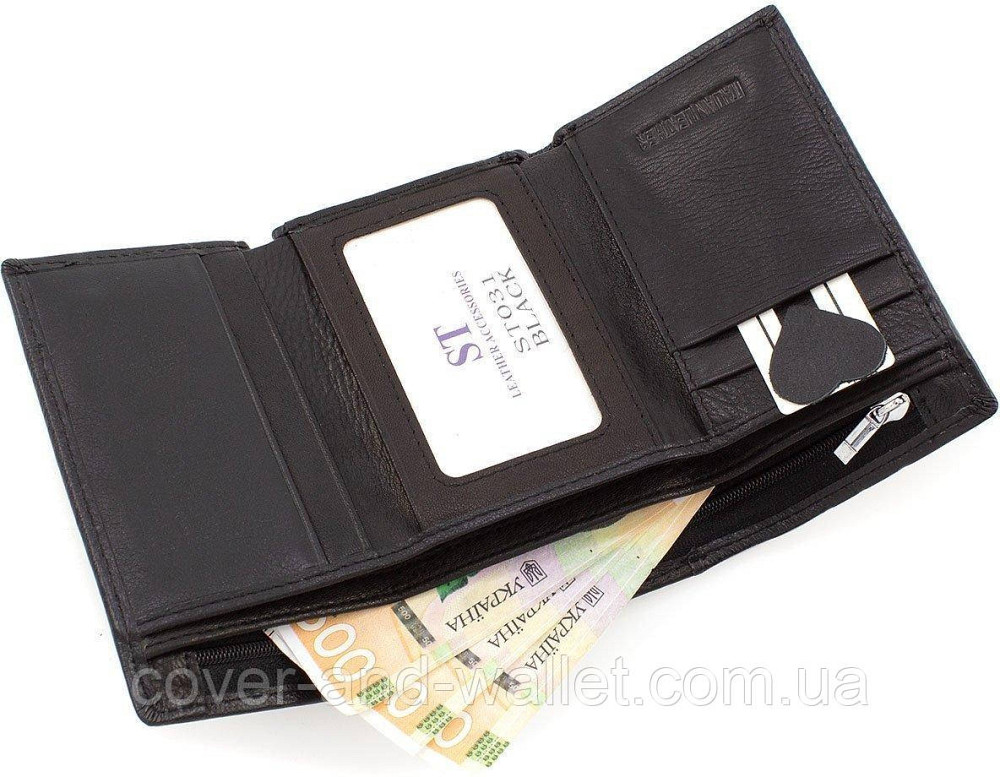 Шкіряний жіночий гаманець невеликого розміру з монетницею ST 617 чорний Київ - фото 3