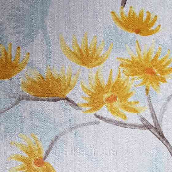 Шпалери вінілові Decoprint Breeze листя метелика квіти жовті блакитні на біло сірому 0.53х10 м Київ