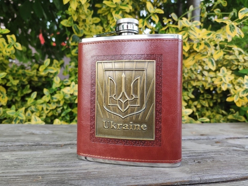 Фляга у чохлі з нержавіючої сталі обтягнута шкірою Герб України 280 мл Вінниця - фото 1