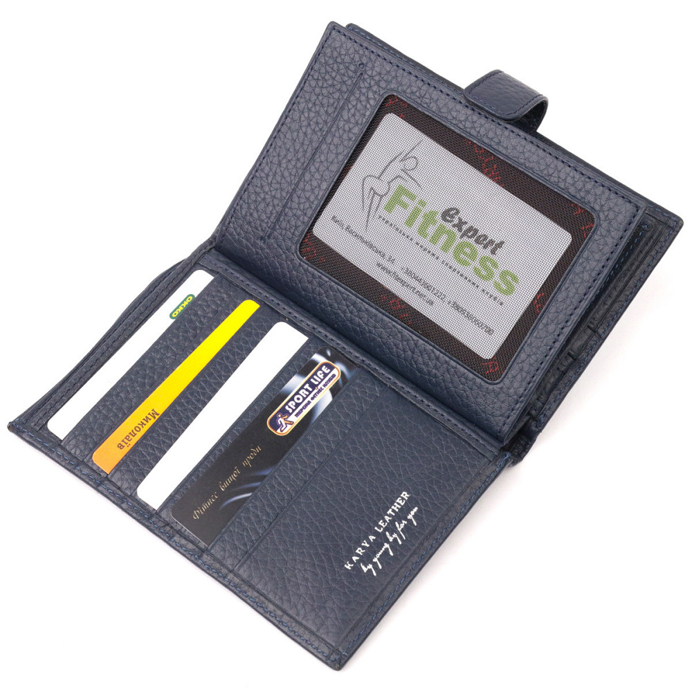 Вертикальное мужское портмоне с хлястиком из натуральной кожи KARYA 21190 Синий Киев - изображение 6