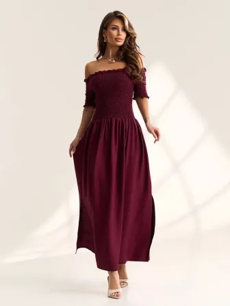 Платье макси с открытыми плечами лен-котон с открытыми плечами Одесса