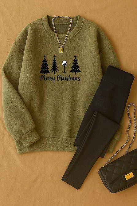 Жіночий теплий костюм-двійка з новорічним принтом двосторонній фліс + дайвінг на флісі Оливковий, 50/52 Одеса - фото 1