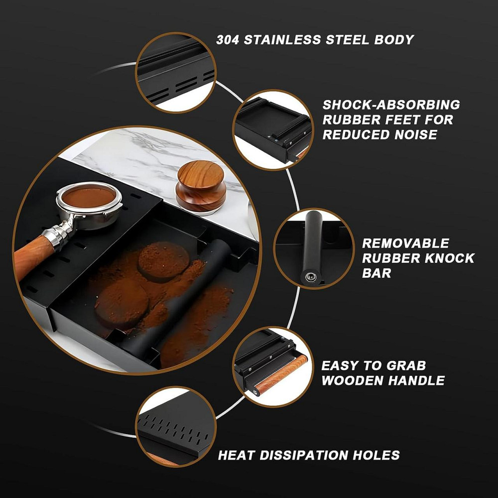 Нок-бокс DIBTSA Espresso Knock Box Drawer чорний нержавіюча сталь знімна штанга неслизьке дно контейнер для кавової гущі Київ - фото 8