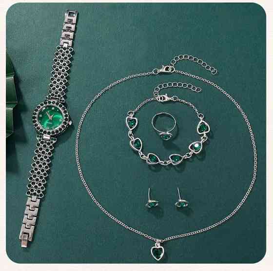 Жіночий подарунковий набір Emerald Shine годинник браслет кольє сережки каблучка зелений Київ