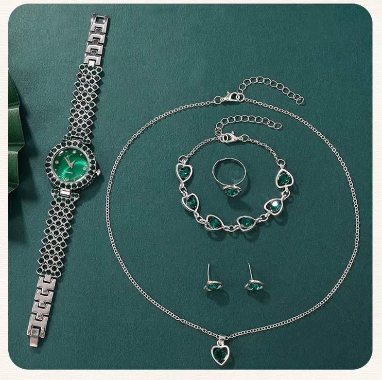 Жіночий подарунковий набір Emerald Shine годинник браслет кольє сережки каблучка зелений Київ - фото 5