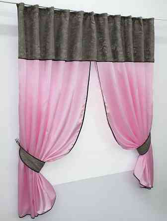 Кухонные шторы VR-Textil № 073к с ламбрекеном и подхватами розовый с серо-коричневым 270х170 см (52-0293) Киев
