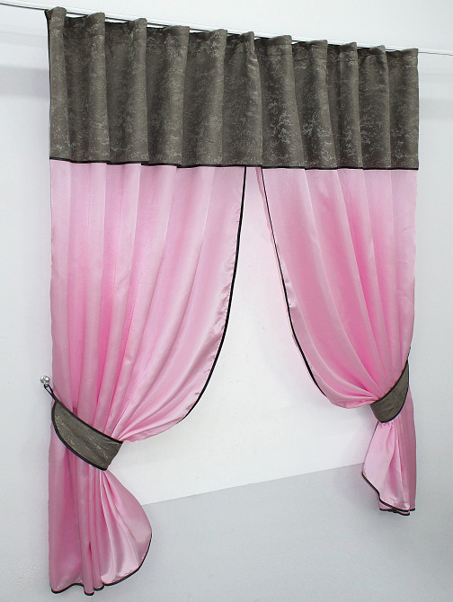 Кухонные шторы VR-Textil № 073к с ламбрекеном и подхватами розовый с серо-коричневым 270х170 см (52-0293) Киев - изображение 2