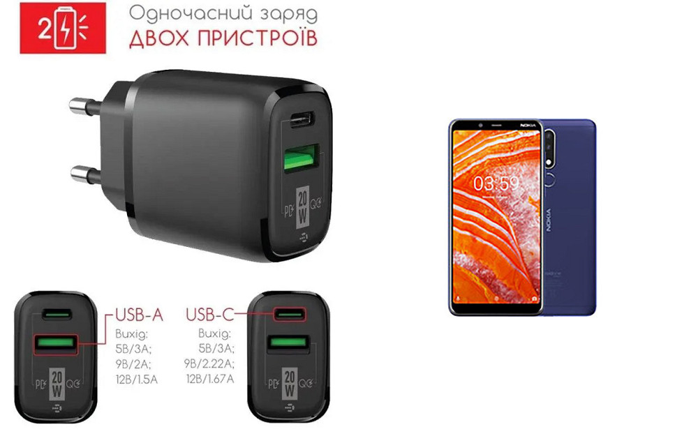 Сетевое зарядное устройство для Nokia 3.1 Plus DS, 20W 3A, Quick Charge 3.0 Киев - изображение 1