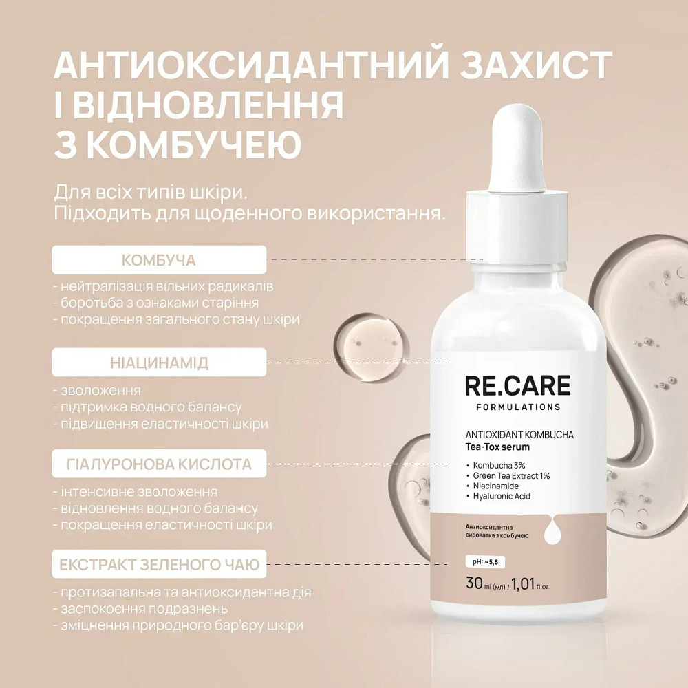 Антиоксидантная сыворотка с комбучей Antioxidant Kombucha Tea-Tox Serum RE.CARE 30 мл Киев - изображение 7