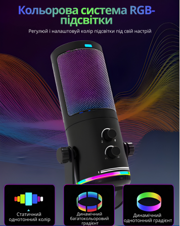 Мікрофон ігровий для стрімінгу для ПК і ноутбука M16 з USB, шумозаглушенням, RGB-підсвічуванням, кардіоїдною діаграмою настільний Кам'янець-Подільський