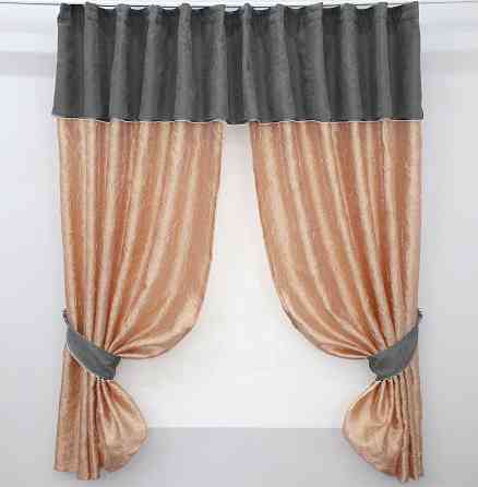 Кухонные шторы VR-Textil № 073к с ламбрекеном и подхватами персиковый с серым 290х170 см (52-0135) Киев