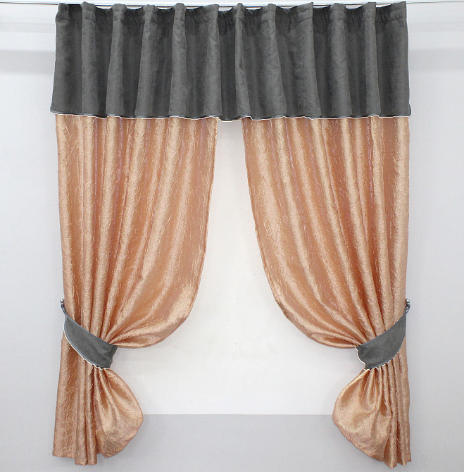 Кухонні штори VR-Textil № 073к з ламбрекеном і підхватами персиковий з сірим 290х170 см (52-0135) Київ - фото 1