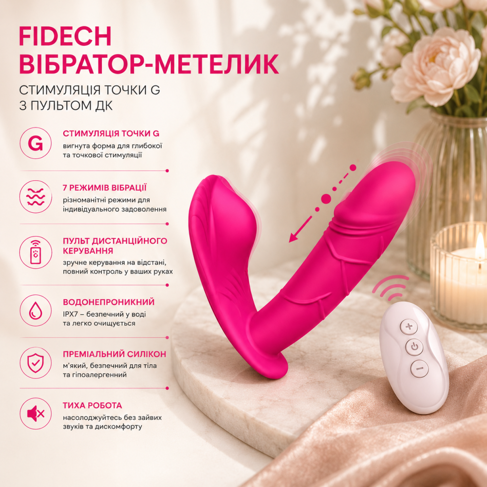 Фалоімітатор FIDECH з пультом ДК — Вібратор-метелик для стимуляції точки G та клітора, 7 режимів, водонепроникний (Рожево-червоний Київ - фото 15