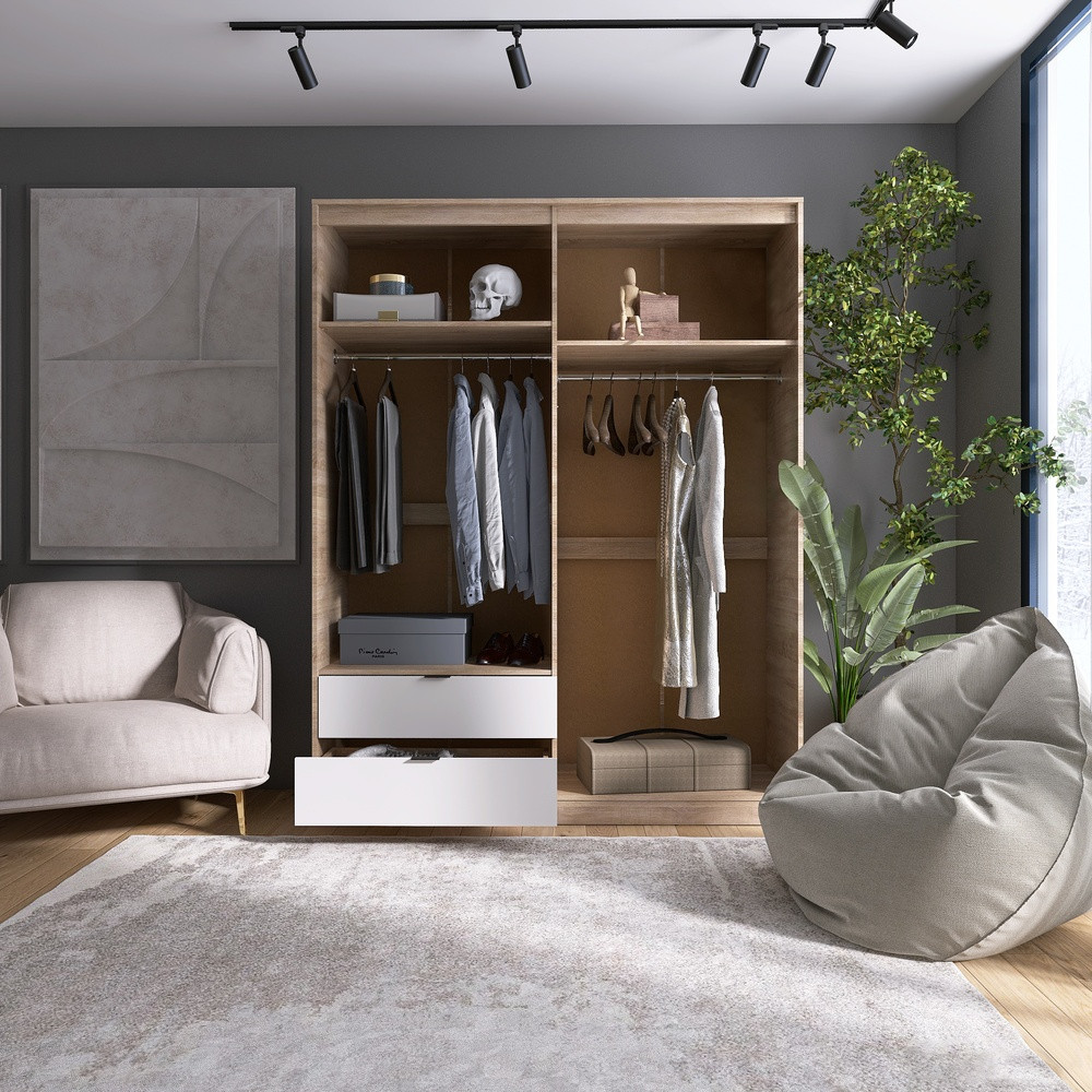 Шкаф распашной для одежды с выдвижными ящиками (штанга-штанга) Эверест Сити-1600 160,2х50х204,6 см Дуб сонома/Белый (DTM-071096) Львов - изображение 4