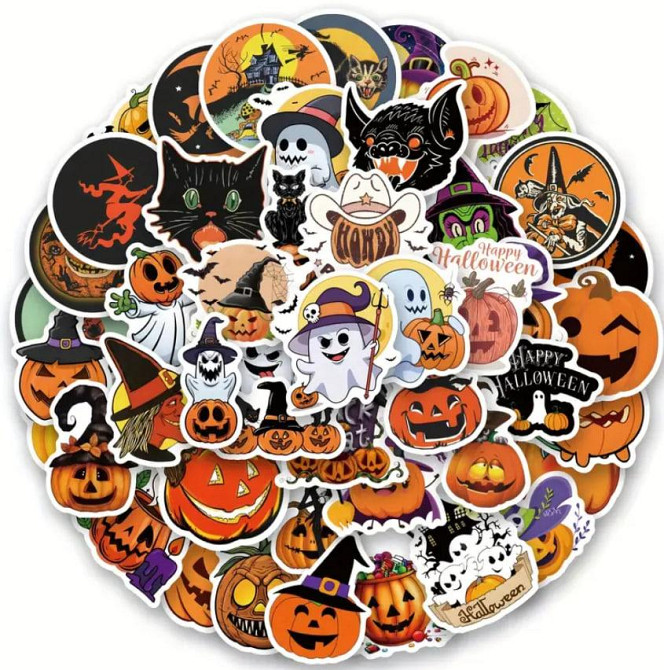 Набір вінтажних вінілових наклейок на Хеллоуїн, набір наклейок з гарбузами та відьмами для підлітків Київ - фото 1