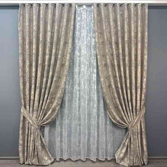 Комплект штор VR-Textil Жакард Мармур 150х270 2шт і Тюль 600х270 1144ш-1400т Кавово-сірий з білим 71-117/5 Київ