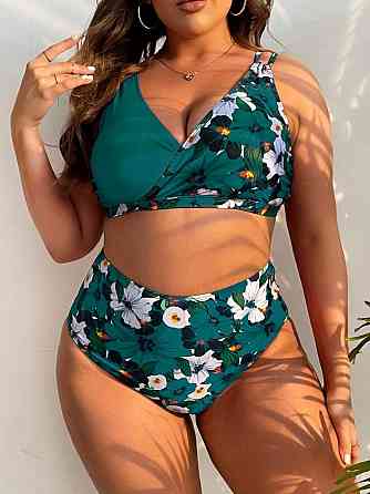 Жіночий роздільний купальник бікіні Plus Size великих розмірів з тонким поролоном та високими плавками зелений Київ