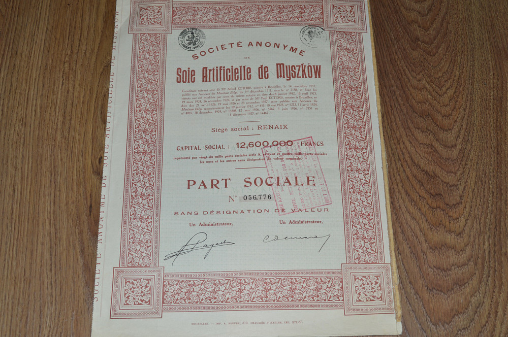 Акція. SOIE ARTIFICIELLE DE MYSZKOW. 1929 рік №059.776 (83) Полтава - фото 1