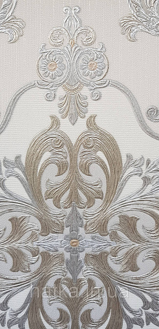 Шпалери вінілові на флізеліні AdaWall Seyyah 1.06х10 вензелю квіти фігури структурне золото срібло на білому Київ - фото 4