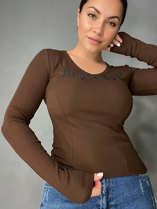 Лонгслів жіночий A-N 25079 рубчик реглан v-виріз з написом принт корсетні шви one size, коричневий, one size Київ - фото 3