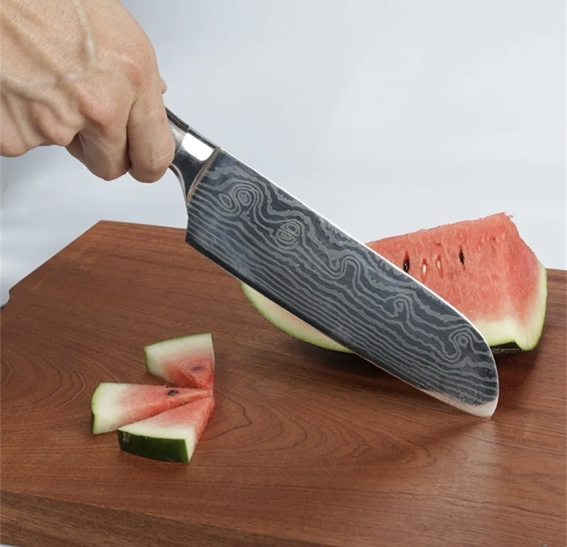 Кухонный нож Santoku для дома, нож для кемпинга и природы, 27,8 см, углеродистая сталь, коричневый Киев - изображение 5