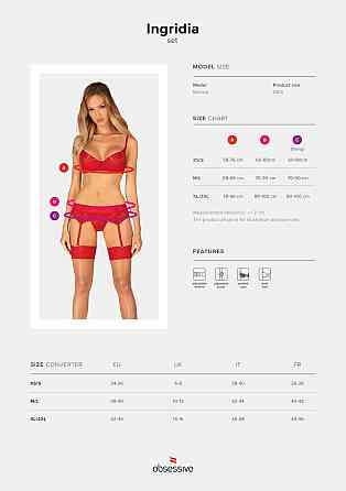 Комплект Obsessive Ingridia 3-pcs set XS/S, червоний, бюстгальтер, стрінги, пояс Sex Aura Київ