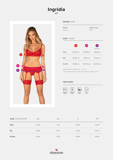 Комплект Obsessive Ingridia 3-pcs set XS/S, червоний, бюстгальтер, стрінги, пояс Sex Aura Київ - фото 5