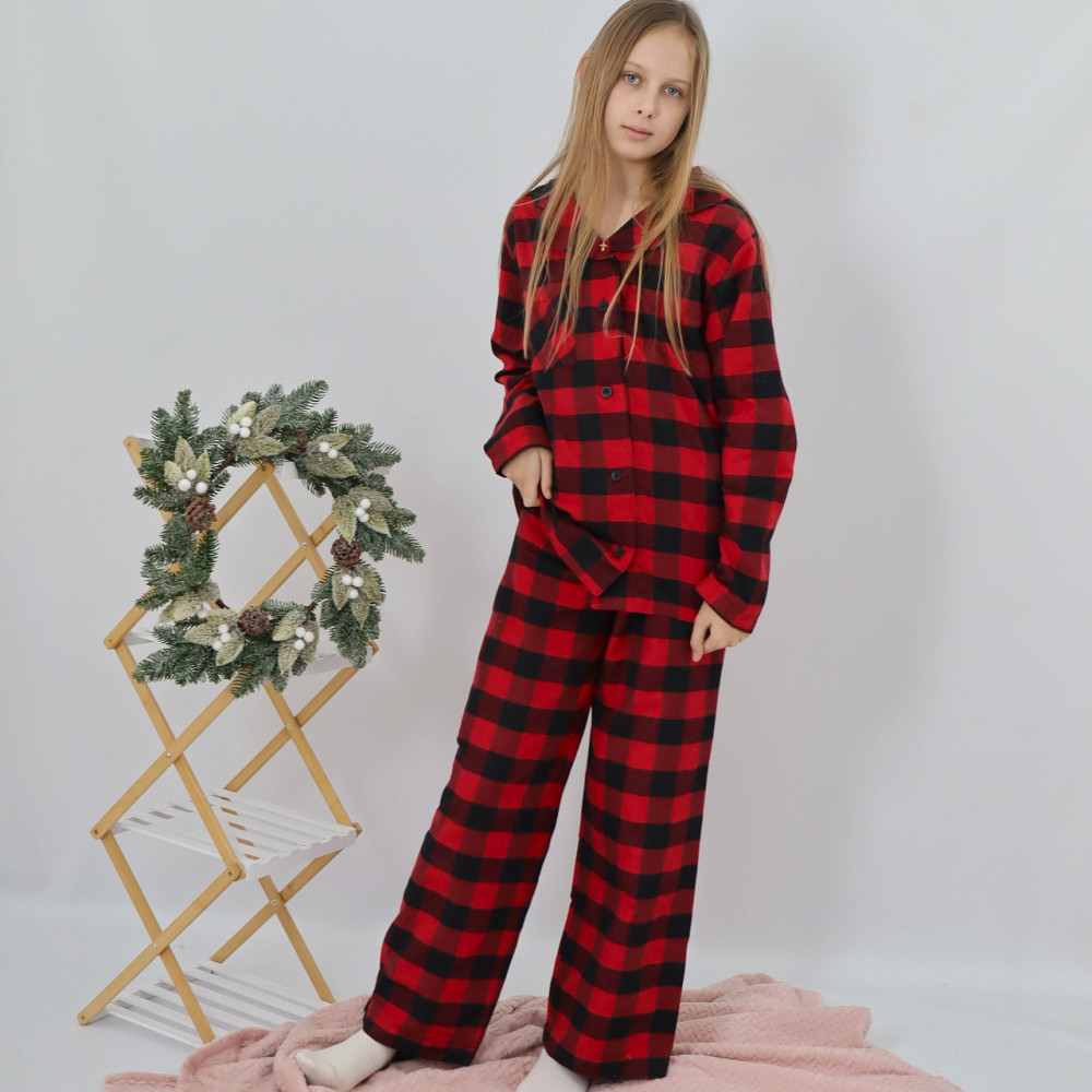 Байкова тепла дитяча піжама в чорно-червону карту сорочка + штани 92 Кам'янець-Подільський - фото 1
