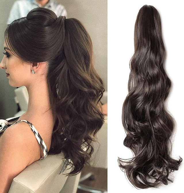 Накладний хвіст хвилястий довгий кучерявий темно-коричневий каштановий на крабі, термостійке синтетичне штучнине волосся шиньйон Київ - фото 5