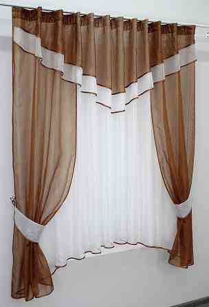 Кухонний комплект VR-Textil № 058к шторки і тюль з ламбрекеном коричневий з білим 270х170 см (50-678) Київ