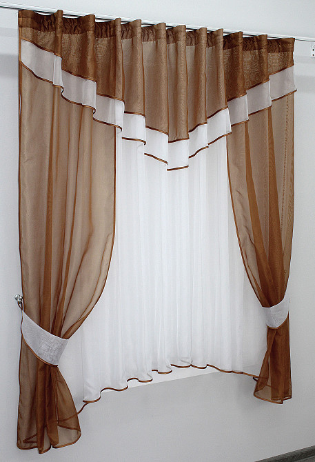 Кухонний комплект VR-Textil № 058к шторки і тюль з ламбрекеном коричневий з білим 270х170 см (50-678) Київ - фото 2