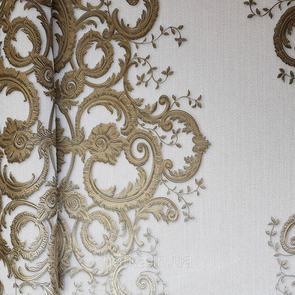Шпалери метрові вінілові на флізелін дизайнерські Erismann Elle вензелі золотисті структурних на молочному Київ - фото 1