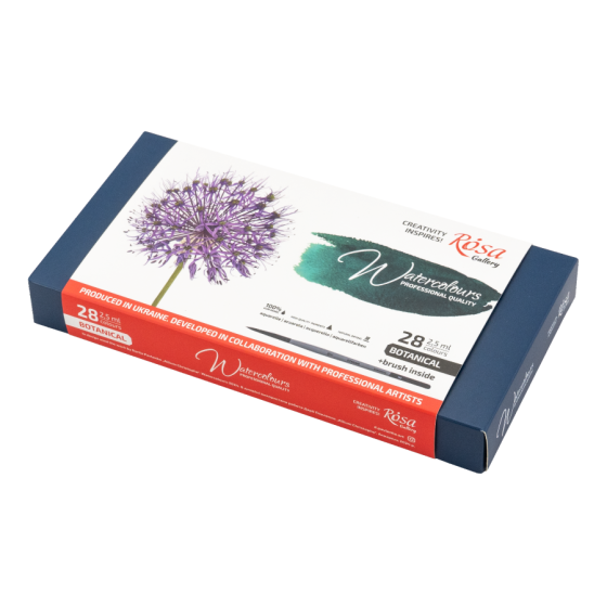 Набір акварельних фарб з пензлем BOTANICAL 28×2,5мл кювета Індіго металевий пенал ROSA Gallery Київ