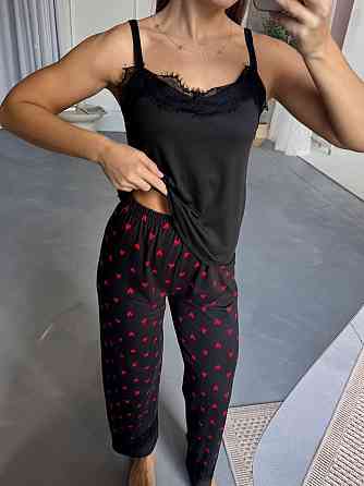 Женский домашний комплект четверка: брюки + майка + шорты + халат коттон Черный, 42/44 Одесса